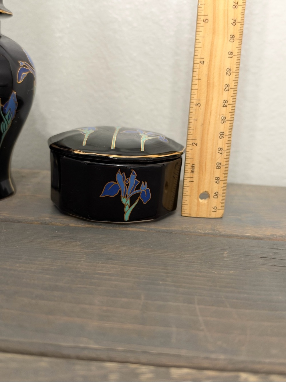 Vintage Otagiri Japan Blue Iris Ginger Jar & Trinket Box Set Black Floral - Picture 14 of 16
